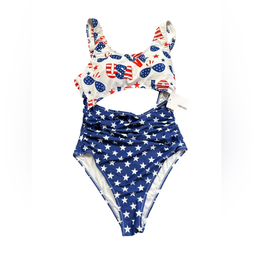 VIMPUNEC womens patriotic stars stripes high waist cut out one piece swimsuit